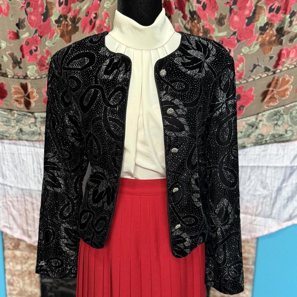 Vintage Separate Scene Black Velvet Silver Glitter Sequin Blazer size M/L